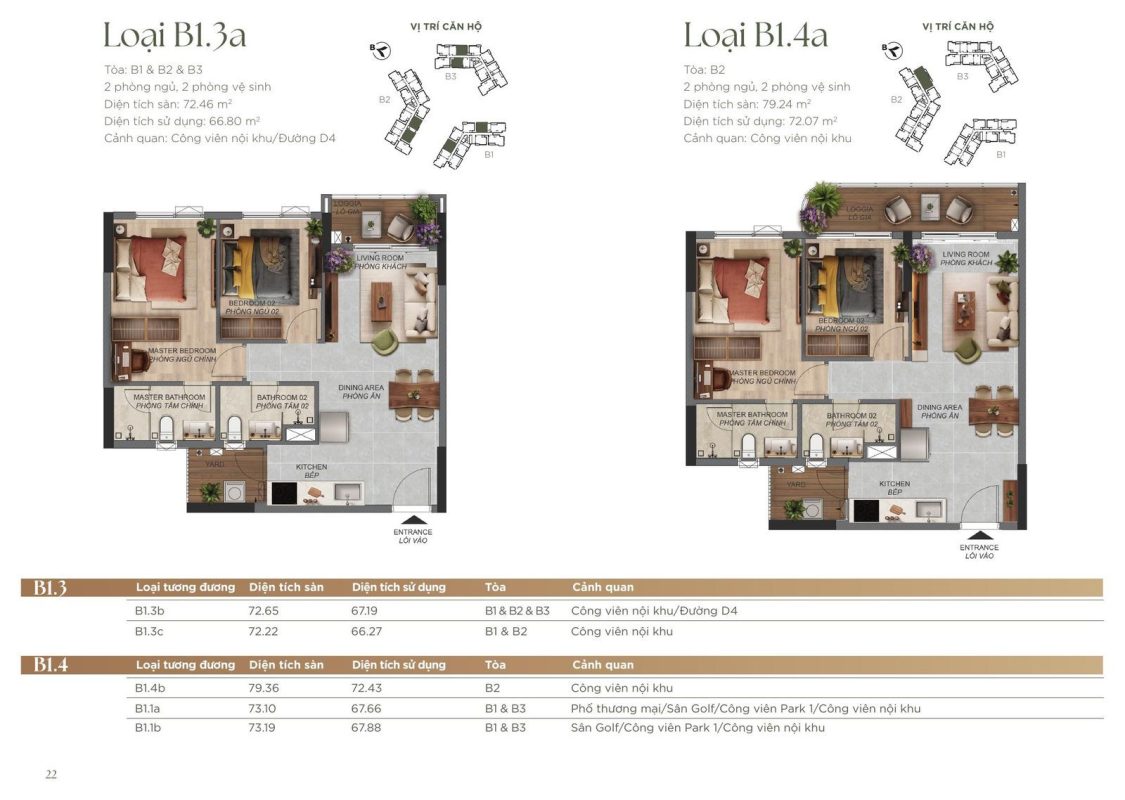 Mặt bằng căn 2 phòng ngủ B1.3a (72,46 m²) và B1.4a (79,24 m²) Norton Park