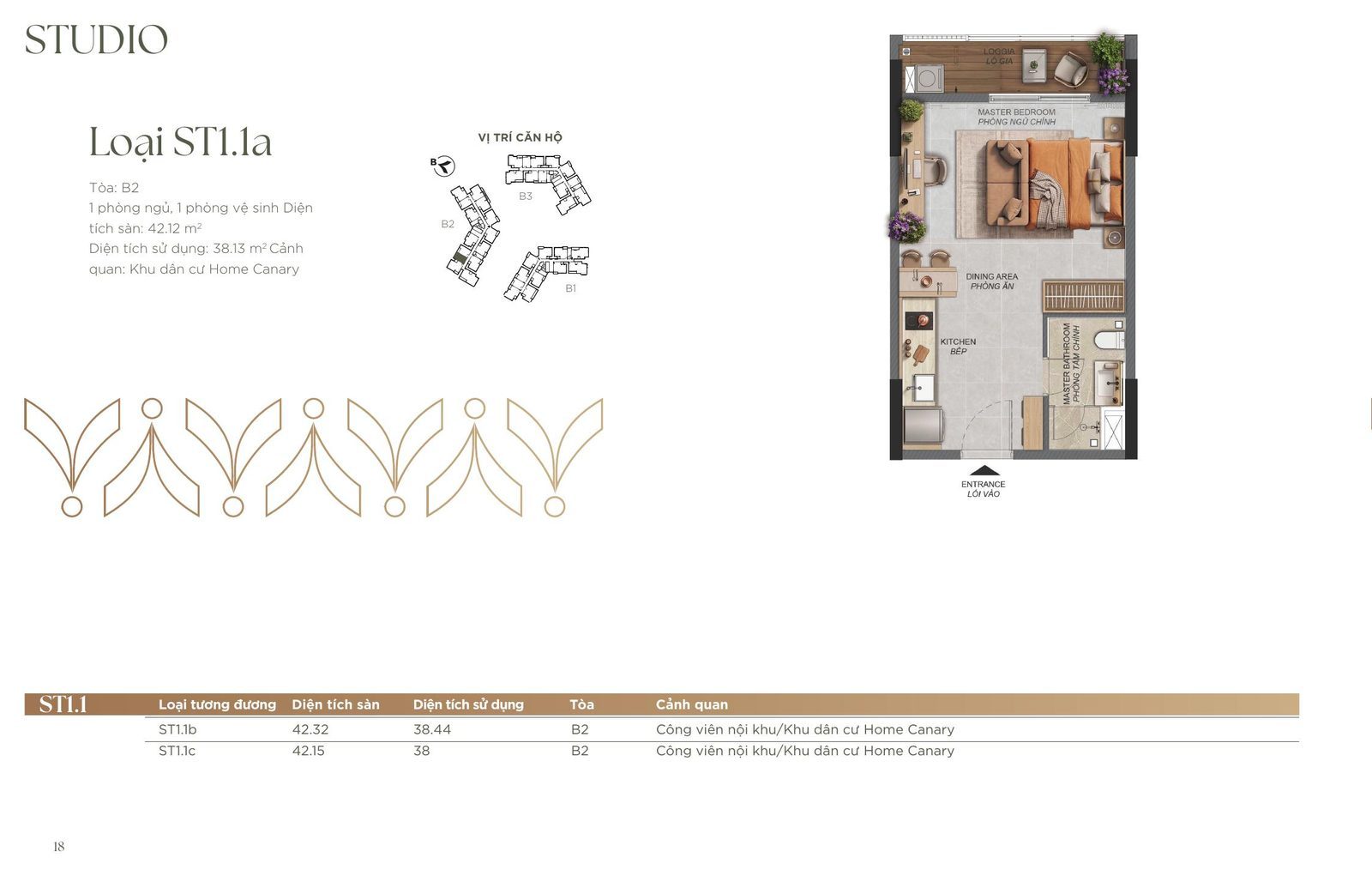 Mặt bằng căn studio ST1.1a Norton Park, diện tích sàn 42,12 m²